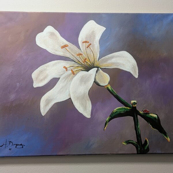 Hand-Painted White Lily and Ladybug Wall-art